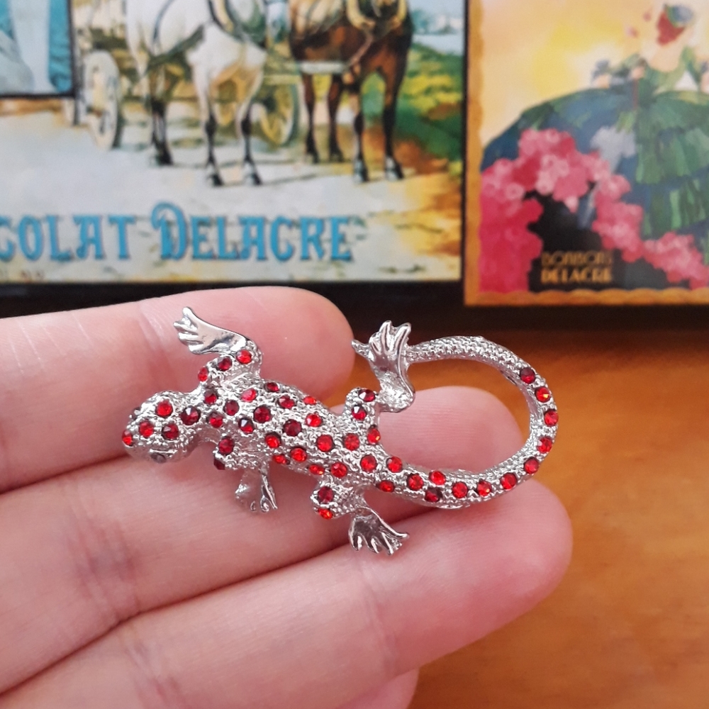 Vintage Lizard Brooch With Red CZ